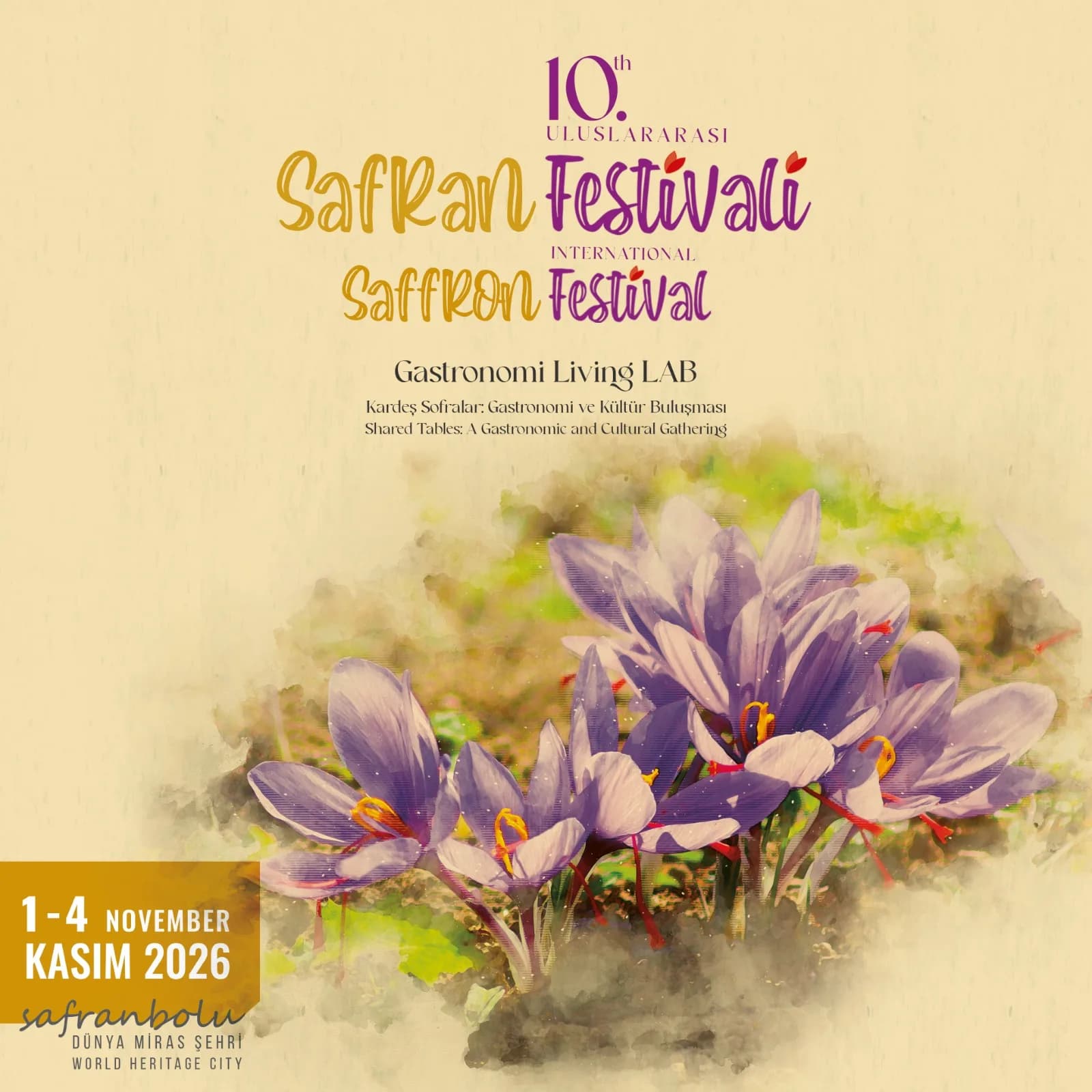 1-4 Kasım 2026 tarihleri arasında gerçekleştireceğimiz festivalimizde; dünyaca ünlü şefler, akademisyenler, safran üreticileri ve gastronomi tutkunları Safranbolu’da bir araya gelecek.